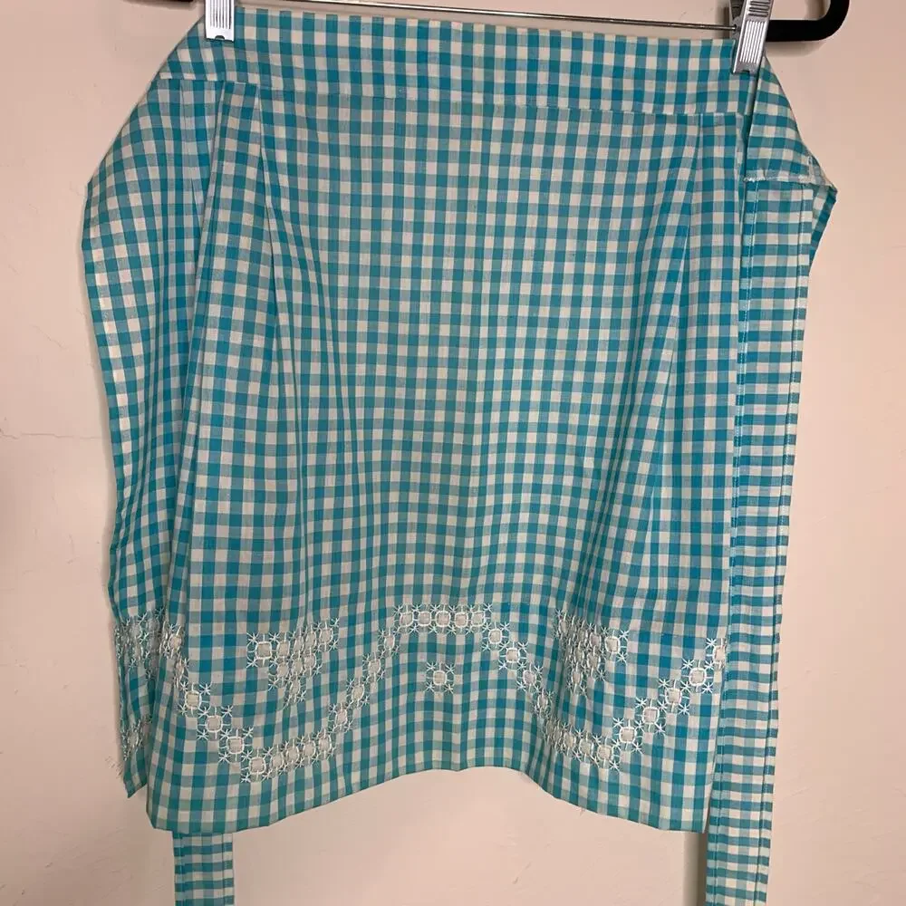 Vintage Turquoise Gingham Half Apron Hand Embroidered OSFM